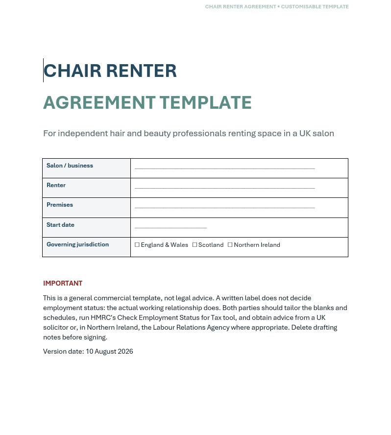 UK Chair Renter Agreement Template (Free Download)