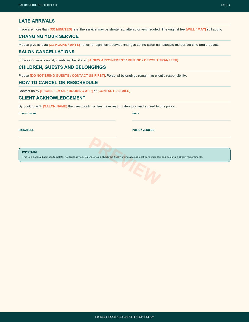Salon Booking and Cancellation Policy (Free download)