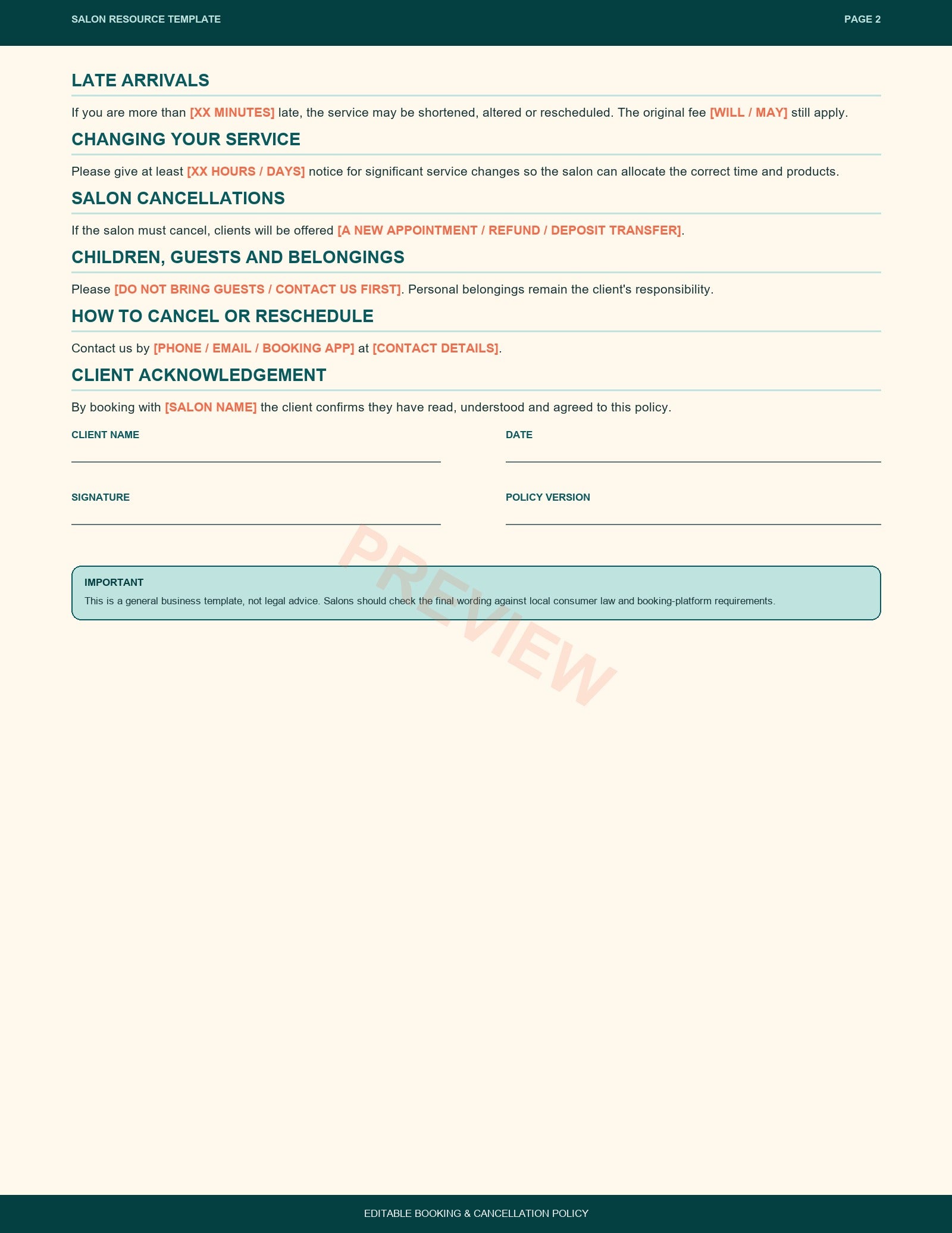 Salon Booking and Cancellation Policy (Free download)