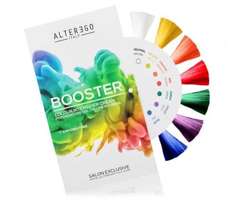 ALTEREGO BOOSTER Colour Intensifier Cream hair color sheet set, featuring a white packet with a vibrant multicolor ink splash design and a circular color wheel showing multiple hair color options.