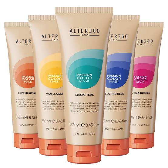 Alter Ego Italy Passion Color Mask tubes in various shades, including Copper Sunset and Magic Teal, against a white background.